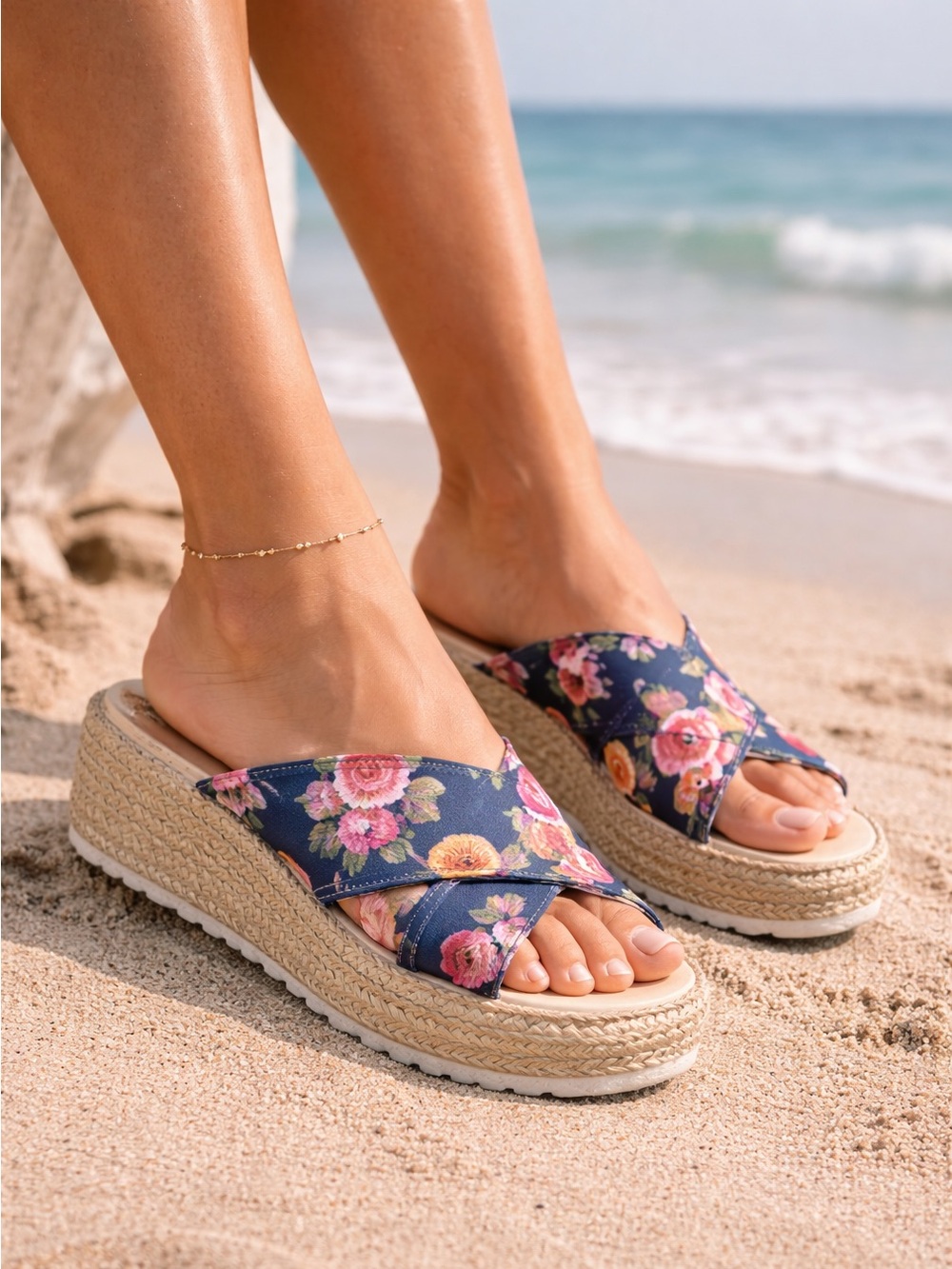 Navy Floral Espadrille Wedge